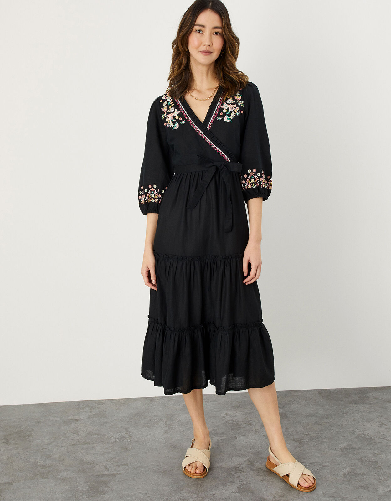 Embroidered Tiered Wrap Dress in Linen Blend Black | Casual \u0026 Day Dresses |  Monsoon UK.